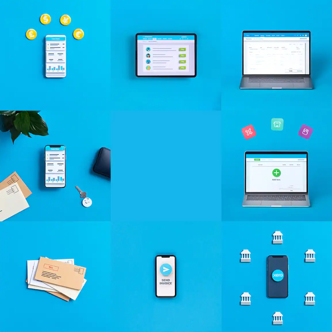 Múltiples íconos de computadoras y teléfonos